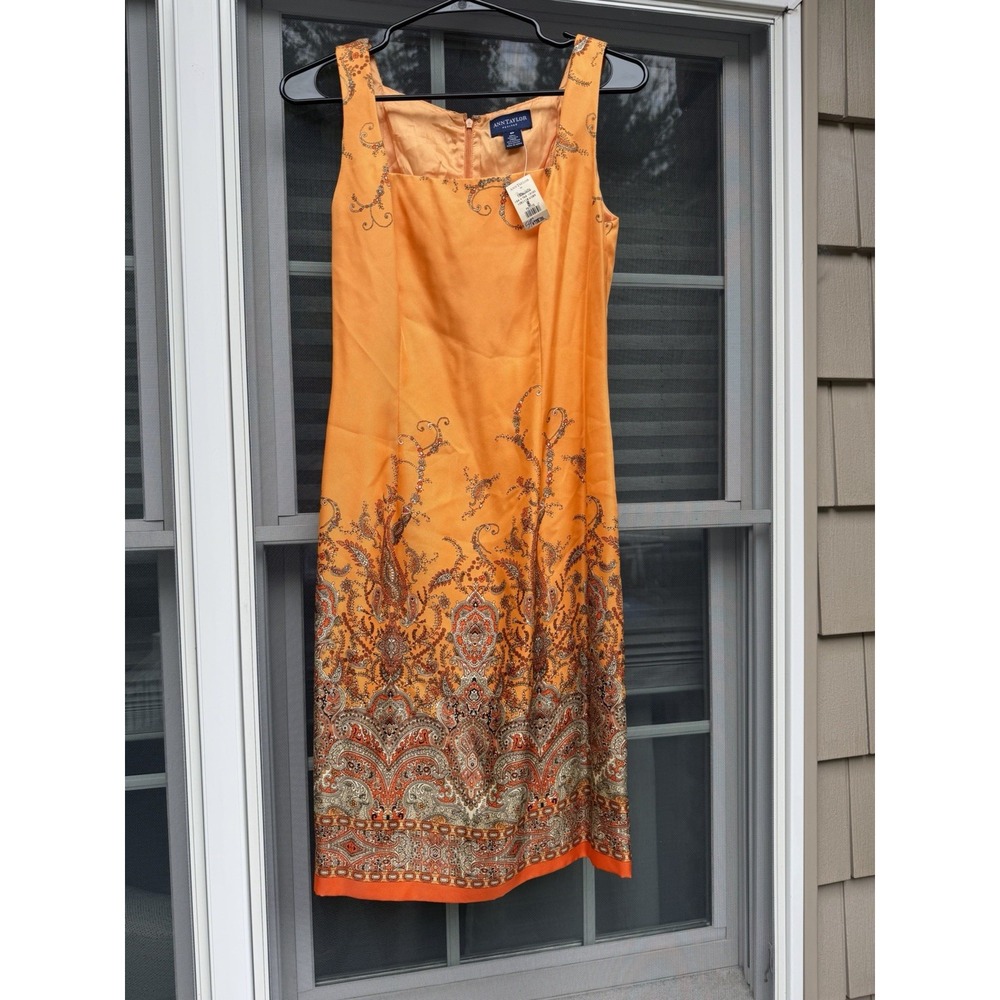 VTG Ann Taylor petit Dress Womens Orange Paisley 100% Silk Y2K Festival NWT 8